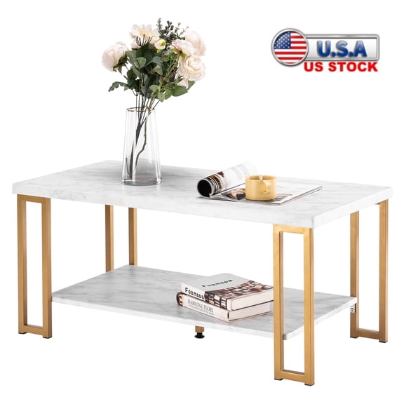 Tcbosik Rectangular Coffee Table, Morden Accent 2-Tier Center Table W/ White Faux Marble Tabletop and Golden Metal Frame for Living Room Bedroom