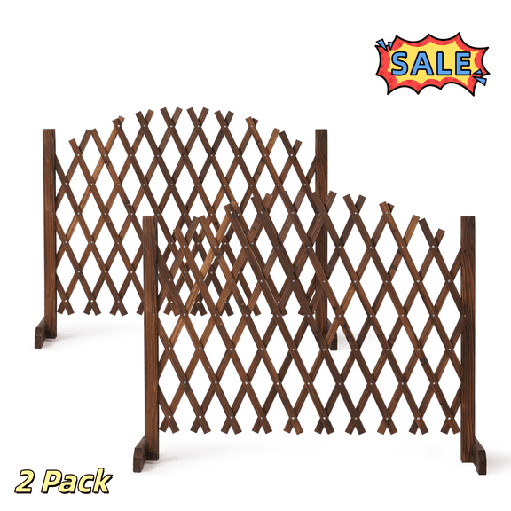 Tcbosik Retractable Wooden Fences Set of 2, Extendable Instant Fence, Portable Pet Safety Barrier Gate for Home Yard Garden Indoor Outdoor, Carbonized Color