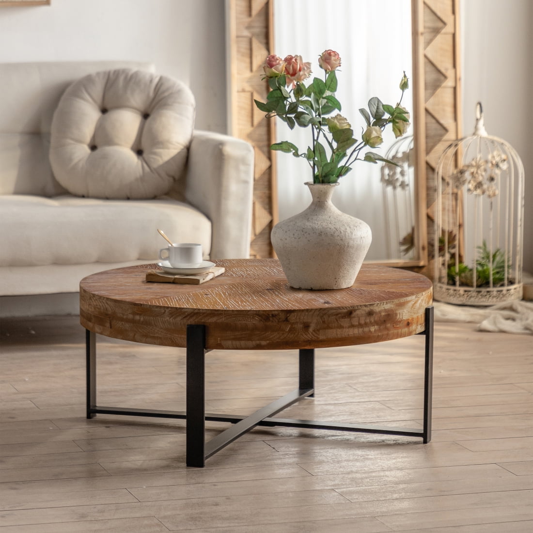 Tcbosik Retro Round Coffee Table, Fir Wood Table Top with Black Cross ...