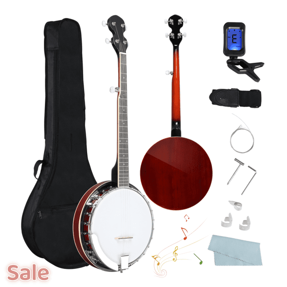 Tcbosik Right Handed Banjo, 5-String Full Size Banjoe Beginner Kit with String, Tuner, Sleeve, Strap, Screwdriver Tools and Allen Wrench, Wood & White