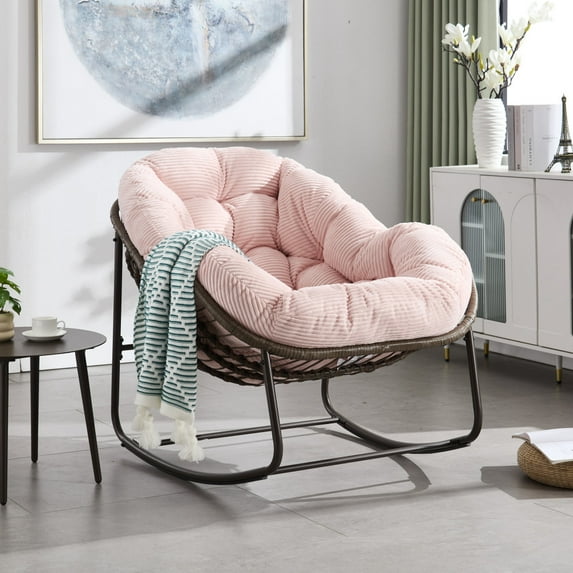 Tcbosik Rocking Chair for Indoor & Outdoor, Comfy Papasan Chair with Padded Cushion, Rattan Rocker for Front Porch, Garden, Patio, Pink