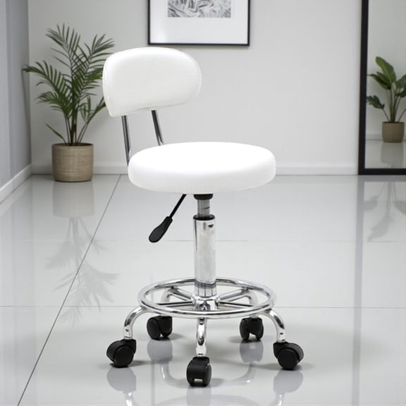 Tcbosik Rolling Drafting Chair with Backrest – Height Adjustable Round Stool with Wheels, PU Leather Swivel Stool for Office Spa Studio Lab Counter Salon Home Work Bar Kitchen Shop (White)