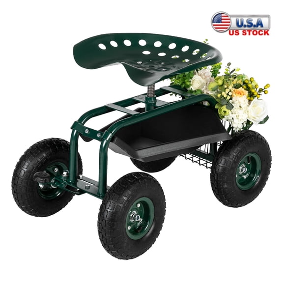 Tcbosik Rolling Garden Stool Cart, Garden Seat Car with Mesh Basket, Steering rod and Tool Tray for Patio Yard, Green