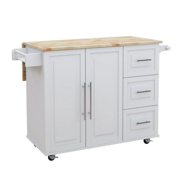 Tcbosik Rolling Kitchen Island, Portable Kitchen Cart with Drawers, Spice Rack, Towel Rack, Extensible Solid Wood Table Top, White