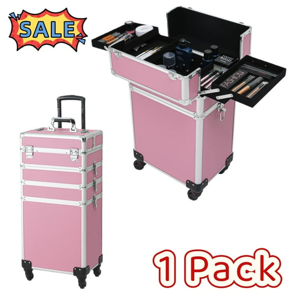 Tcbosik Rolling Makeup Case on Wheels, 4 in 1 Makeup Travel Case, Cosmetic Storage Organizer for Nail Artist Salon, Pink