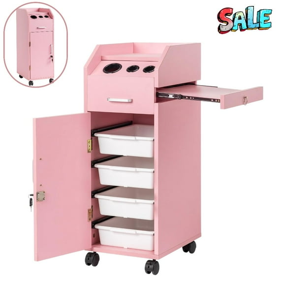 Tcbosik Rolling Salon Cart with 4 Removable ABS Trays, Lockable Door, Tools Holder Slots & Slide-Out Side Tray, Mobile Beauty Trolley in Pink, 12.4"L x 20"W x 33.8"H