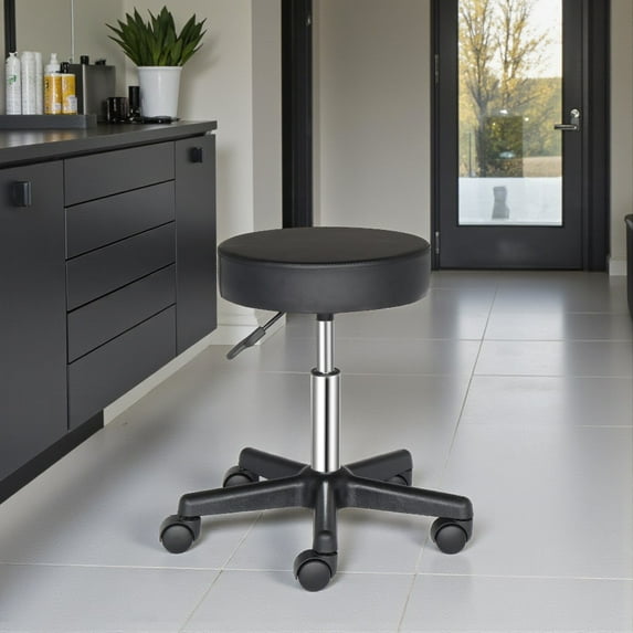 Tcbosik Rolling Swivel Stool with Wheels | 18.11"-24" Height-Adjustable Round Stool with PU Leather Cushioned Seat, for Drafting Massage Medical Tattoo Spa Shop Salon, Black