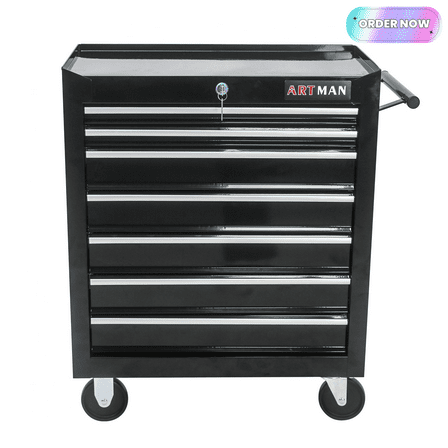 Tcbosik Rolling Tool Cabinet with 7 Drawers, Tool Storage Chest with Lock, Tool Box Organizer for Garage, Warehouse, Workshop, Black