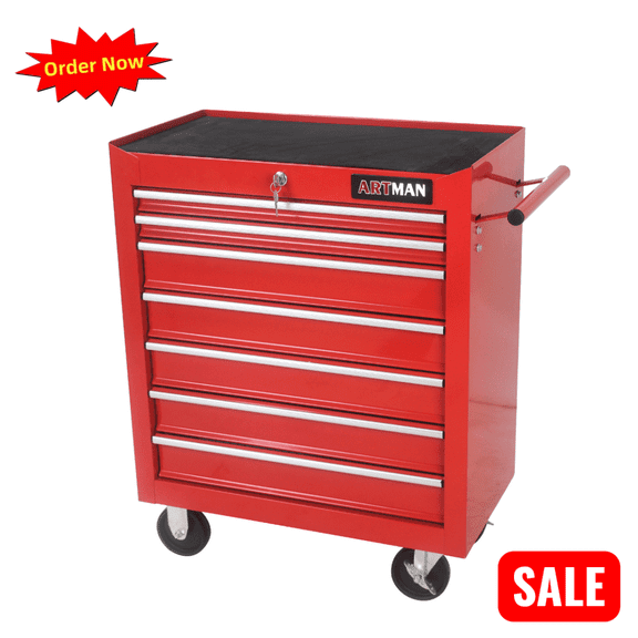 Tcbosik Rolling Tool Chest with 7 Drawers, Multifunctional Lockable Tool Cart with Wheels, Tool Storage Cabinet for Garage, Warehouse, Workshop, Repair Shop, Red