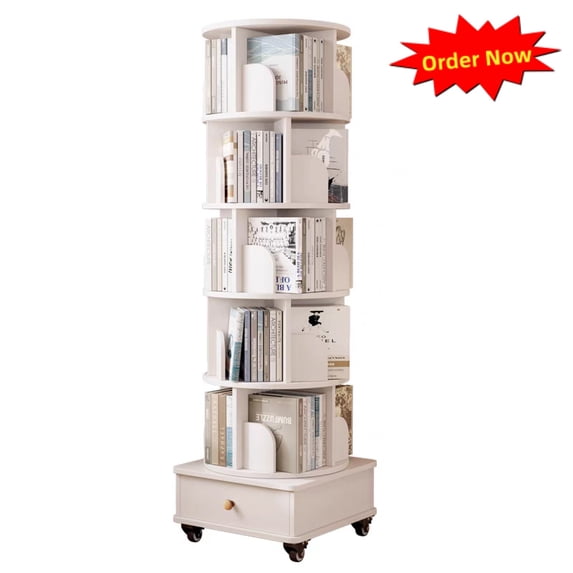 Tcbosik Rotating Bookshelf on Wheels, 5-Tier Spinning Book Shelf Tower, 68" Tall Storage Rack for Home Office, Space Saving, White (No Drawer)