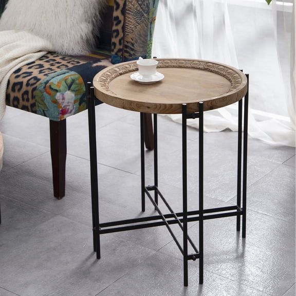 Tcbosik Round Accent End Table, Vintage Small Side Table with Sturdy X-Shaped Metal Frame for Living Room, Bedroom, Balcony, Office, Black and Brown
