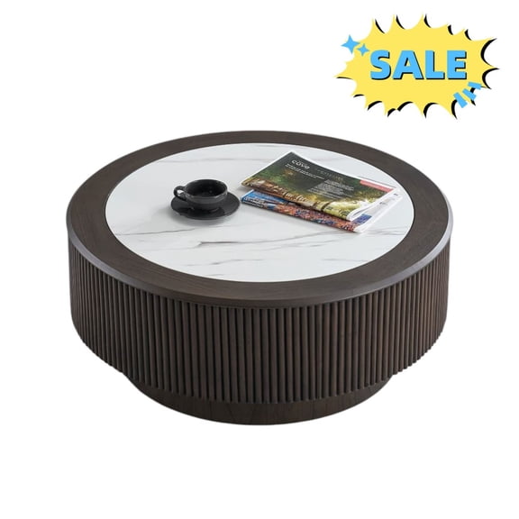 Tcbosik Round Coffee Table with Faux Marble Top, 31.5 inch Modern Center Table for Living Room, Dark Brown