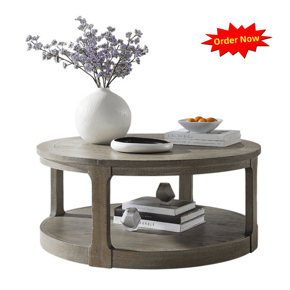 Tcbosik Round Coffee Table with Wheels, 40" Cocktail Table with Open Shelf, 2-Tier Center Table for Living Room, Light Brown