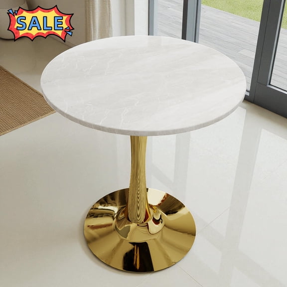 Tcbosik Round Dining Table, 27.5 inch Small Kitchen Table with Faux Marble Top and Metal Pedestal Base for Living Room, Easy Assembly, White & Gold
