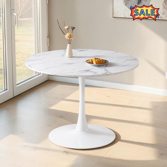 Tcbosik Round Dining Table, 42.1 Inch Modern Tulip Kitchen Table with Metal Pedestal, Leisure Table for Small Place, Living Room, White Marble