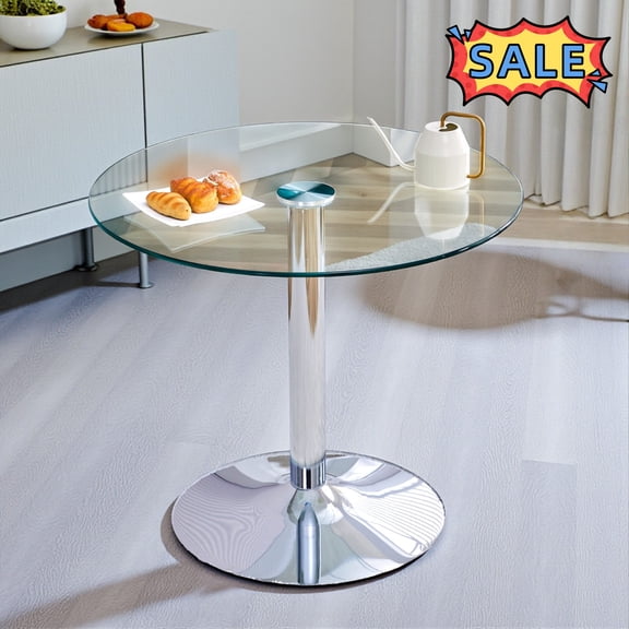 Tcbosik Round Dining Table for 2-4 Person, 35 Inch Modern Kitchen Table with Glass Top and Metal Legs, Easy Assembly, Silver