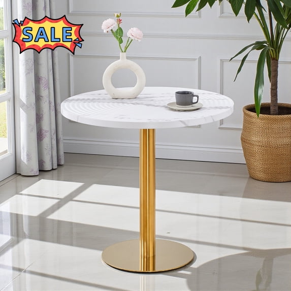 Tcbosik Round Dining Table with Faux Marble Top for 2-4 Person, 31.5 Inch Modern Kitchen Table with Metal Legs, Easy Assembly, White+Gold