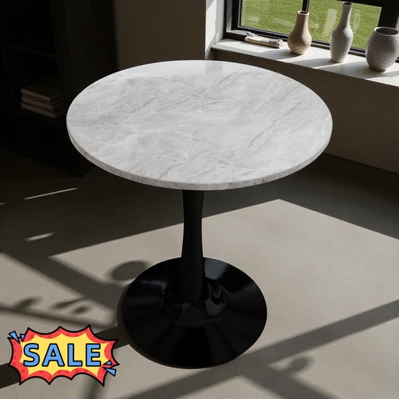 Tcbosik Round Dining Table with Metal Pedestal Base, 27.5" Modern Kitchen Table with Faux Marble Top for Small Space, Gray & Black