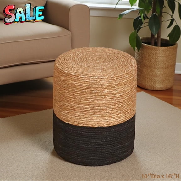 Tcbosik Round Handcrafted Ottoman, Multi-Use Footrest/Seat for Home Décor, No-Assembly Boho Accent Stool for Living Room, Balcony & Entryway, 13.78"Dia x 15.75"H (Natural+Black)