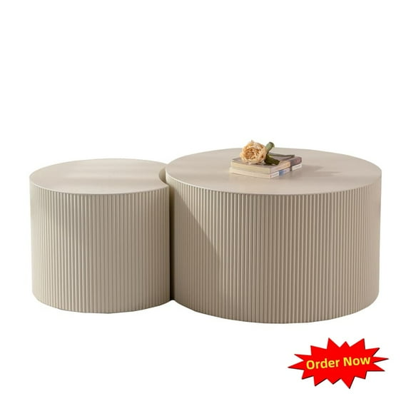 Tcbosik Round Nesting Coffee Tables Set of 2, 27.5" Modern Tea Table, 19.6" Sofa Side Table, Center Table for Living Room, Beige & Cream