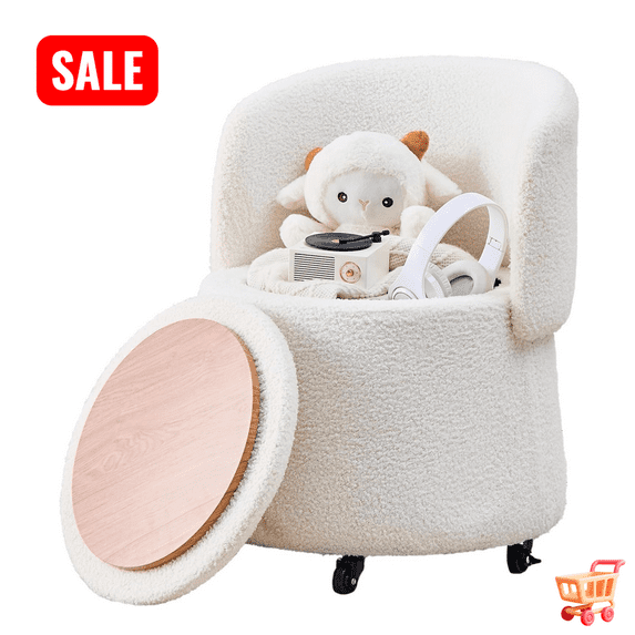 Tcbosik Round Ottoman with Storage, 19.2 inch Rolling Teddy Velvet Footrest with Back, Upholstered Foot Stool with Wheels for Bedroom, Living Room, White