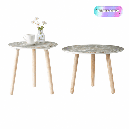 Tcbosik Round Side Tables Set of 2, End Table with Cherry Blossom Design, Small Nightstand for Living Room, Bedroom, White & Blue