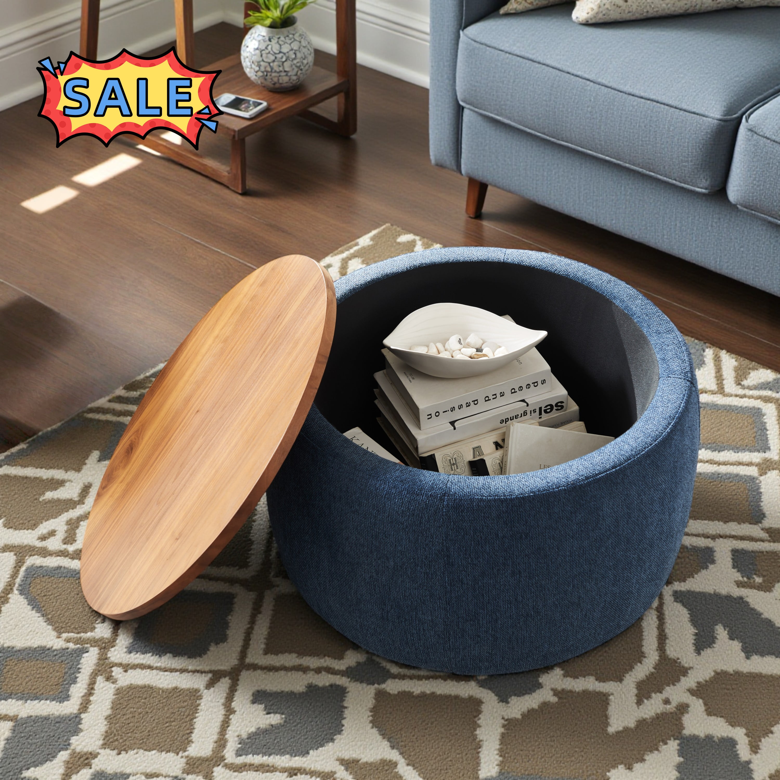 Tcbosik Round Storage Ottoman with Wooden Lid, 2 in 1 Functional End Table & Footstool for Living Room Bedroom, Navy