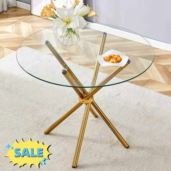 Tcbosik Round Tempered Glass Dining Table for 2-4 Person, 36.6 inch Small Kitchen Table with Metal Legs for Living Room, Gold