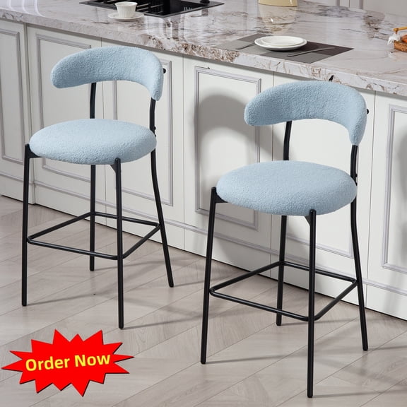 Tcbosik Set of 2 Bar Stools, Teddy Fabric Upholstered Barstool with Back, Counter Height Bar Chair with Metal Legs for Dining Room, Kitchen Island, Easy Assembly, Blue