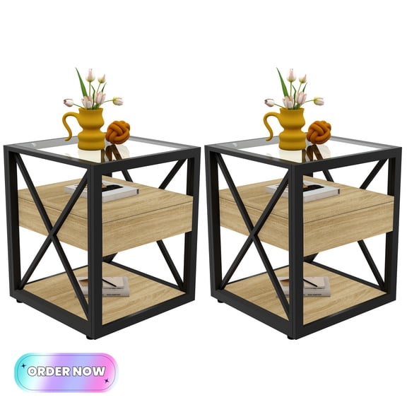 Tcbosik Set of 2 Modern End Tables with Storage, Modern Side Table with Drawer and Shelf, Nightstand with Glass Top for Small Space, Home Office, Easy Assembly, Natural