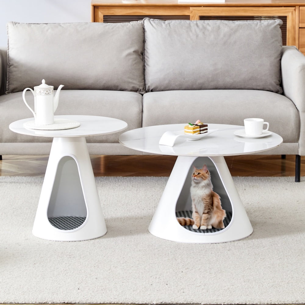 Tcbosik Set of 2 Nesting Coffee Tables with Cat Beds, Round Cocktail ...