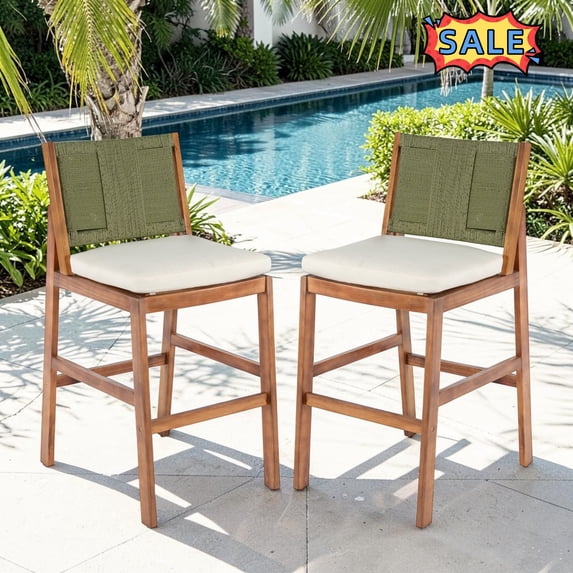 Tcbosik Set of 2 Outdoor Acacia Wood Bar Stools with Cushions, Counter Height Chair with Wicker Back for Patio, Garden, Poolside, Balcony, Cream & Green