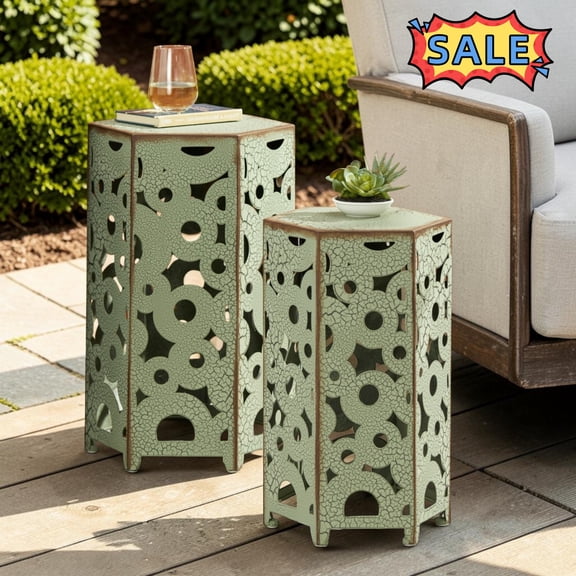 Tcbosik Set of 2 Side Tables for Outdoor, Metal End Table, Decorative Accent Table for Patio, Garden, Porch, Yard, No Assembly Required, Antique Green