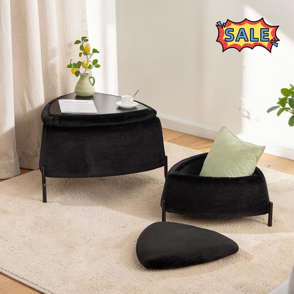 Tcbosik Set of 2 Triangle Storage Ottomans, Faux Fur Footstool with Metal Legs, Upholstered Footrest for Living Room, Bedroom, Entryway, Easy Assembly, Black