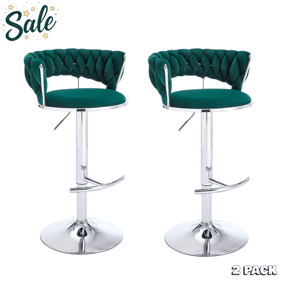 Tcbosik Set of 2 Velvet Swivel Bar Stools, Modern Height-Adjustable Kitchen & Home Bar Chairs w/ Padded Seat and Chrome Pedestal Base, 360° Rotation, Green