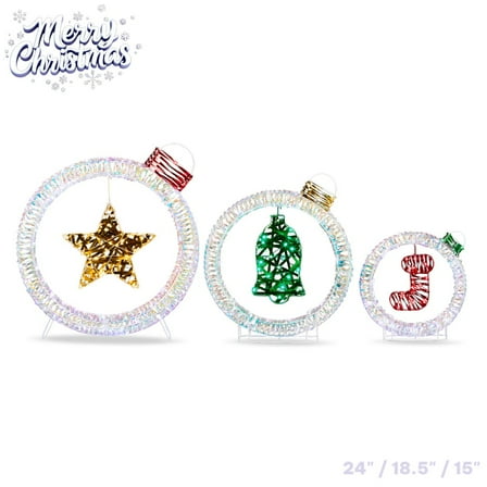 Tcbosik Set of 3 Lighted Christmas Decorations in Light Bulb Shape – Iridescent Holiday Décor w/ 295 White LED Lights for Indoor & Outdoor Use, Battery-Operated