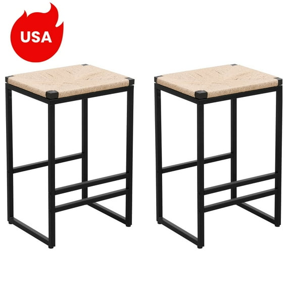 Tcbosik Set of 2 Backless Bar Stools for Kitchen, Paper Rope Woven Counter Height Barstools for Home Pub, Natural