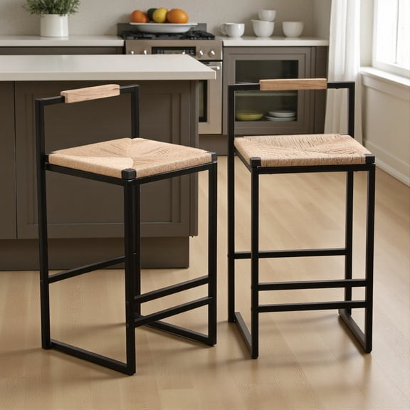 Tcbosik Set of 2 Boho Counter Height Barstools with Natural Paper Rope Woven Seat and Sturdy Metal Frame, 25" Seat Height, Easy Assembly