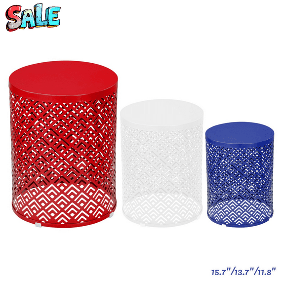 Tcbosik Set of 3 Nesting Tables, No-Assembly Iron Side Tables with Artistic Cutout Design, Indoor/Outdoor Accent End Tables (Red,White,Blue)