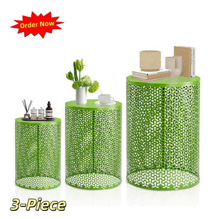 Tcbosik Set of 3 Round Metal Tables, Indoor & Outdoor Nesting Side Table, Modern End Table for Living Room, Porch, Patio, Garden, Backyard, Green