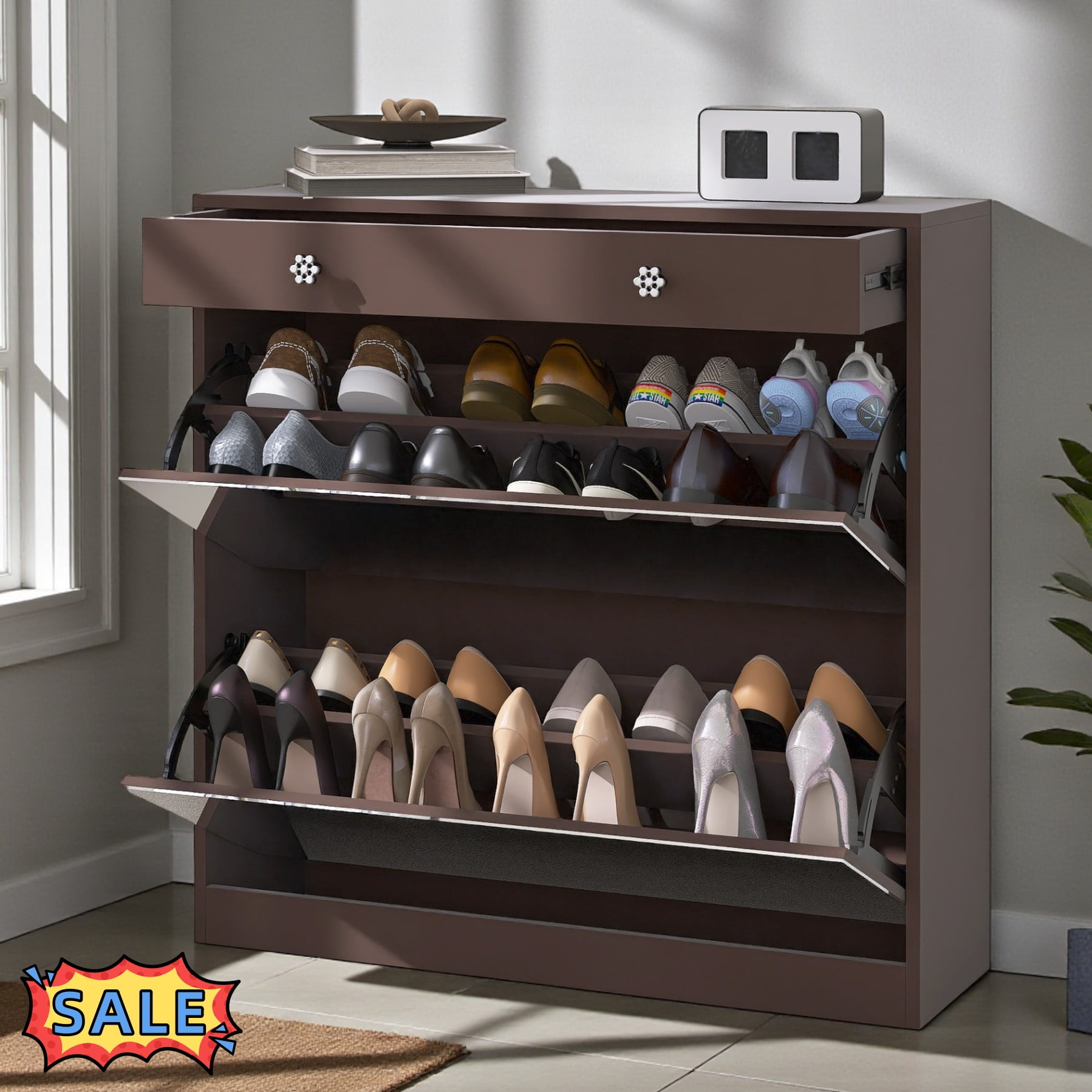 Tcbosik Shoe Cabinet with 2 Flip Doors, Mirrored Shoe Storage Organizer ...