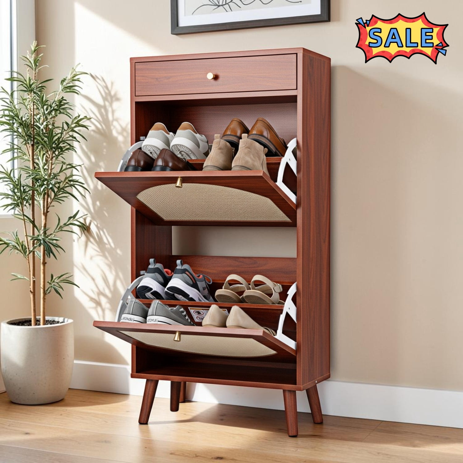 Tcbosik Shoe Cabinet with 2 Flip Drawers, Narrow Shoe Organizer with ...