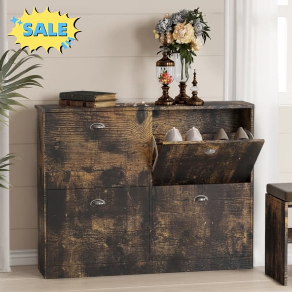 Tcbosik Shoe Cabinet with 4 Flip Drawers, Farmhouse Shoe Storage Organizer for Entryway, Hallway, Foyer, Vintage Color