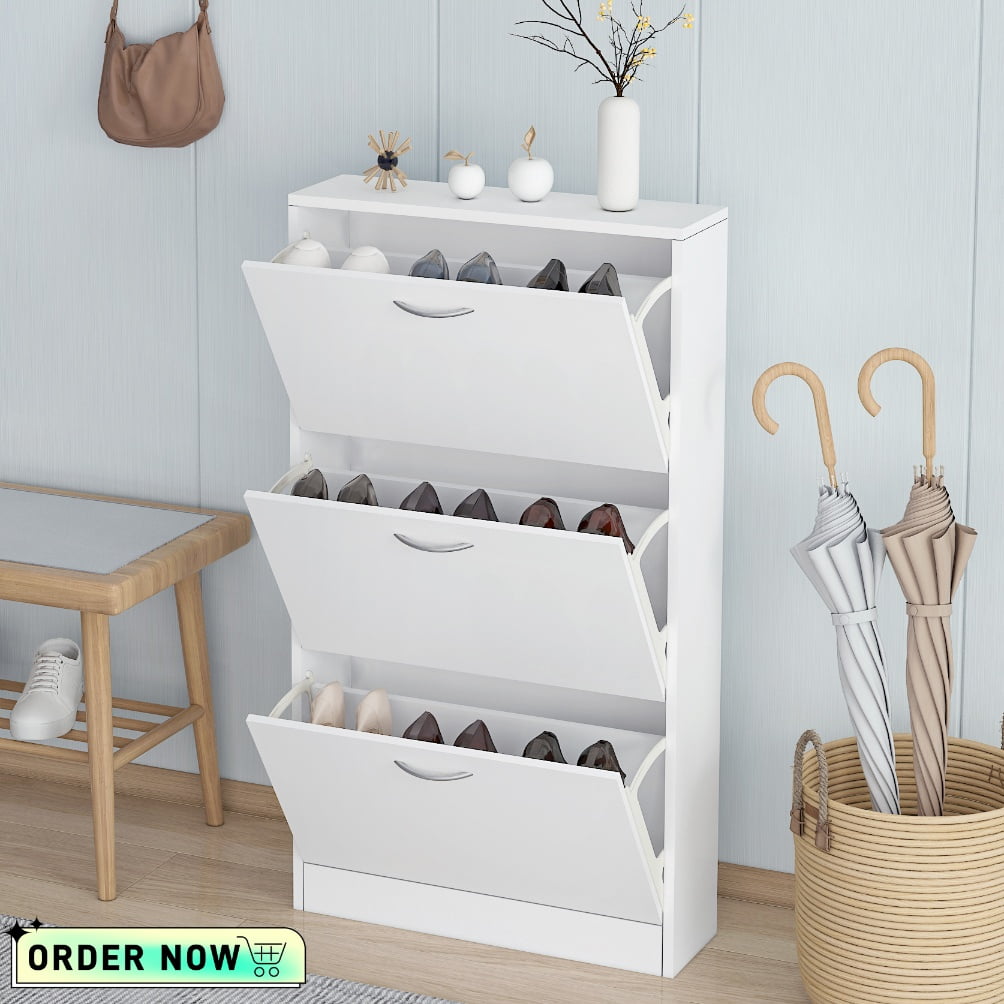 White Engineered Wood 3-Tier Flip Down Shoe Cabinet