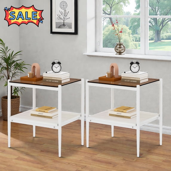 Tcbosik Side Tables Set of 2, End Table with Tempered Glass Top, 2-Tier Nightstand with Storage Shelf for Living Room, Bedroom, Easy Assembly, Brown & White