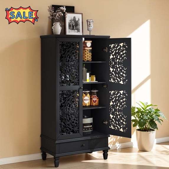 Tcbosik Sideboard Buffet Cabinet with 2 Doors, 55" Tall Storage Cabinet with Drawer and Adjustable Shelf, Accent Cabinet for Kitchen, Dining Room, Living Room, Black