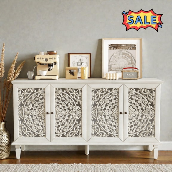 Tcbosik Sideboard Buffet Cabinet, Accent Storage Cabinet with 4 Doors, Farmhouse Cupboard with Adjustable Shelves, Coffee Bar Cabinet for Living Room, Dining Room, Entryway, Antique Grey White