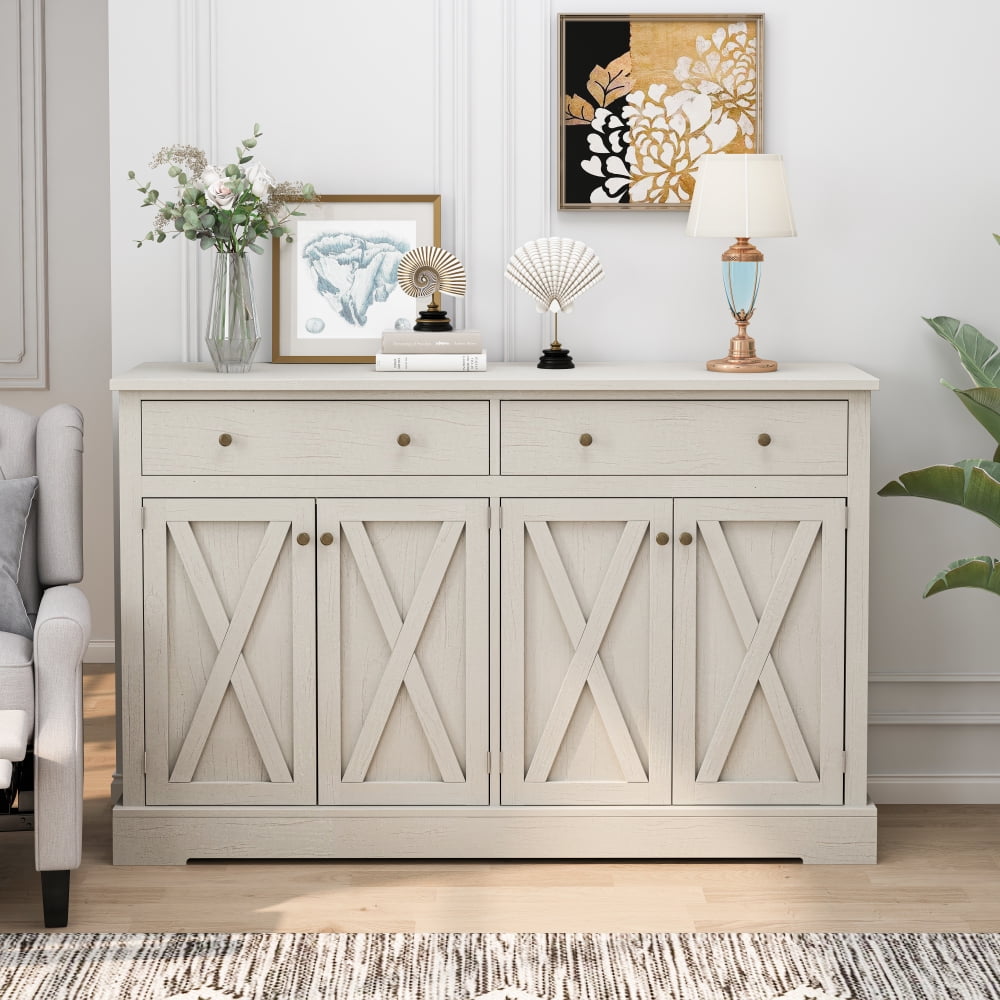 White MDF Four-Door Two-Drawer Sideboard Buffet Cabinet