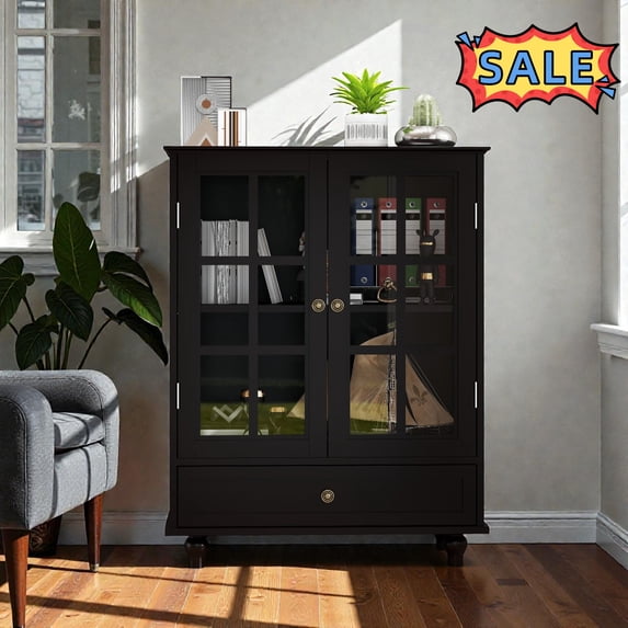 Tcbosik Sideboard Buffet Cabinet with Storage, 28" Farmhouse Coffee Bar Cabinet with Glass Doors and Adjustable Shelf, Modern Kitchen Cabinet with Drawer, Cupboard for Dining Room, Living Room, Black