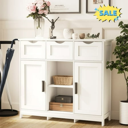 Tcbosik Sideboard Buffet Cabinet with Storage, Credenza Accent Cabinet with 2 Doors and 3 Drawers, Farmhouse Coffee Bar Cabinet with Adjustable Shelves for Kitchen, Entryway, Living Room, White
